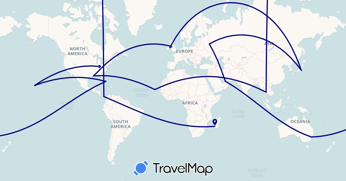 TravelMap itinerary: driving in United Arab Emirates, Australia, Bahamas, Cape Verde, Ireland, Isle of Man, Japan, Madagascar, Panama, Russia, Thailand, United States (Africa, Asia, Europe, North America, Oceania)